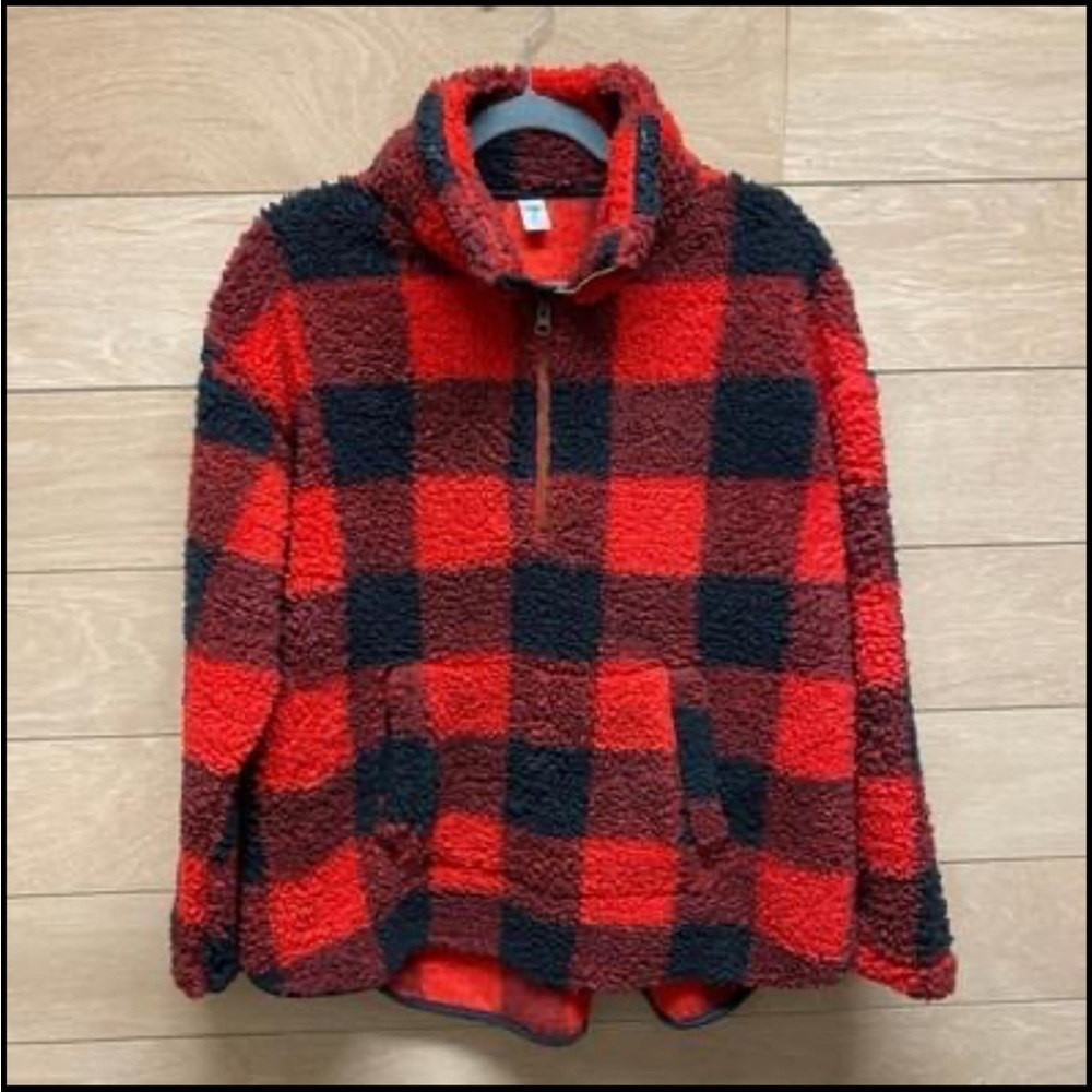 Old Navy 1X plus size teddy Sherpa 1/4 zip pullover Buffalo check